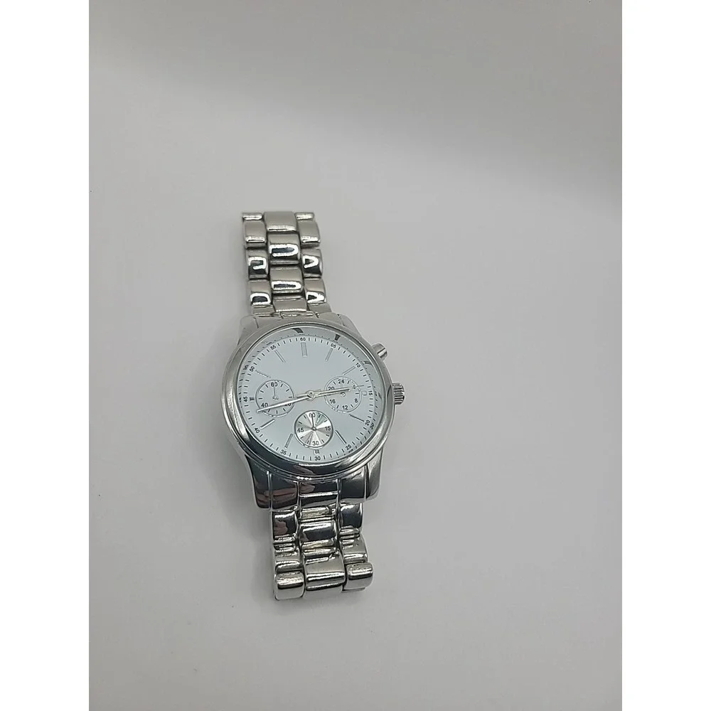 Vintage Silver Tone Chronogragh‎ Style Quartz Watch Metal Link Bracelet